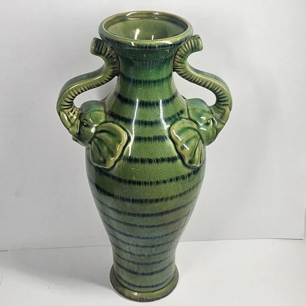 Elephant Head Handle Vase Green Bamboo Crackle Glaze Vintage 14